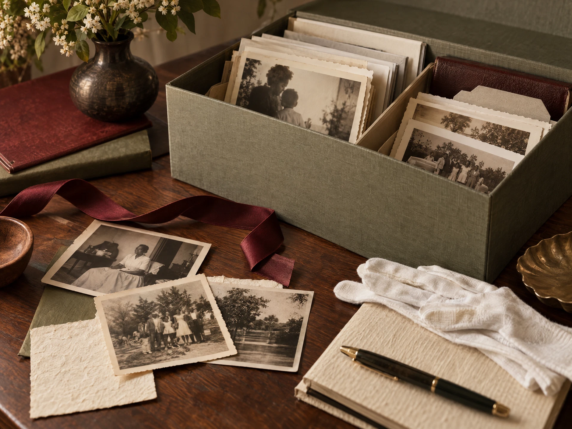 An archival still life with photographs and keepsakes